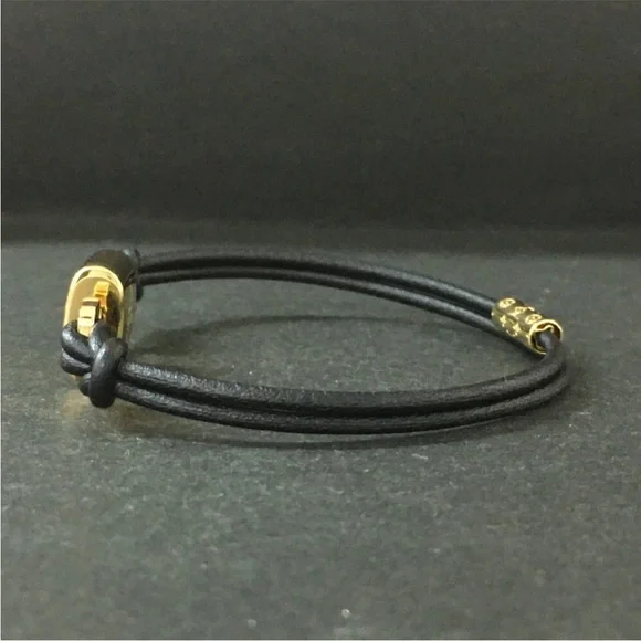 AUTH LOUIS VUITTON LV Padlock Leather Gold Black Bracelet